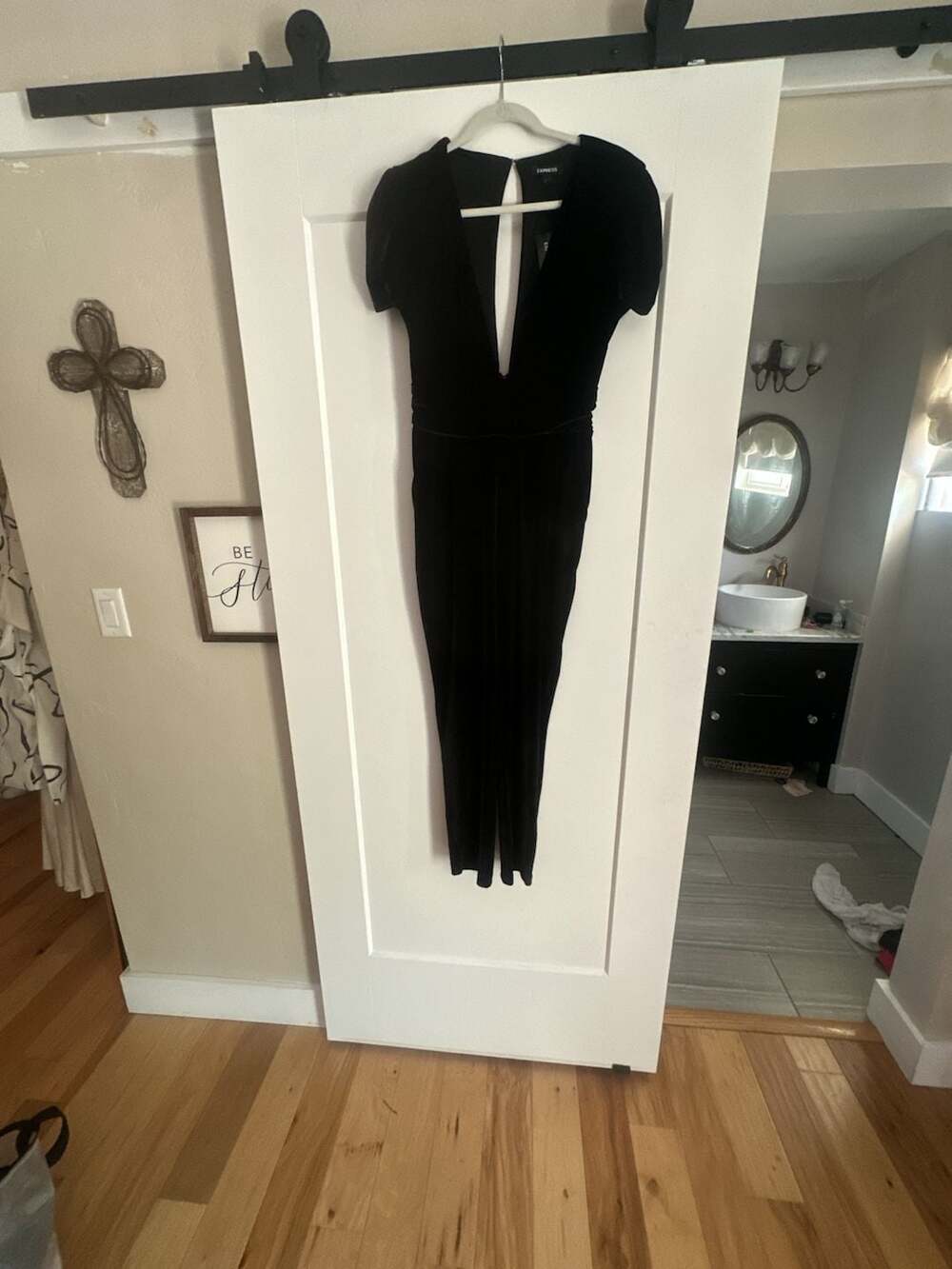 Express Black Velvet Plunging V-Neck Short Sleeve Jumpsuit